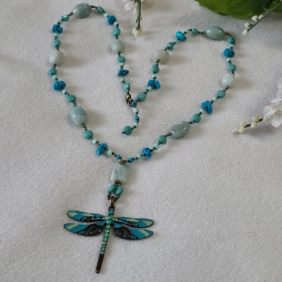 Dragonfly Artisan Necklace Hand Crafted Beaded Turquoise Stones Crystals 16.5" - Picture 10 of 14